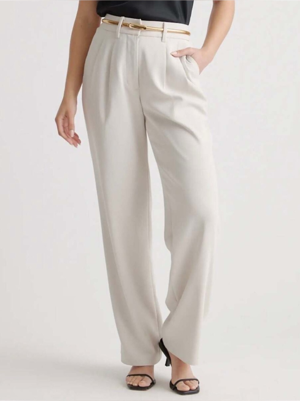 Quince Pleated Wide Leg Trouser Pants Stretchy Crepe in Beige